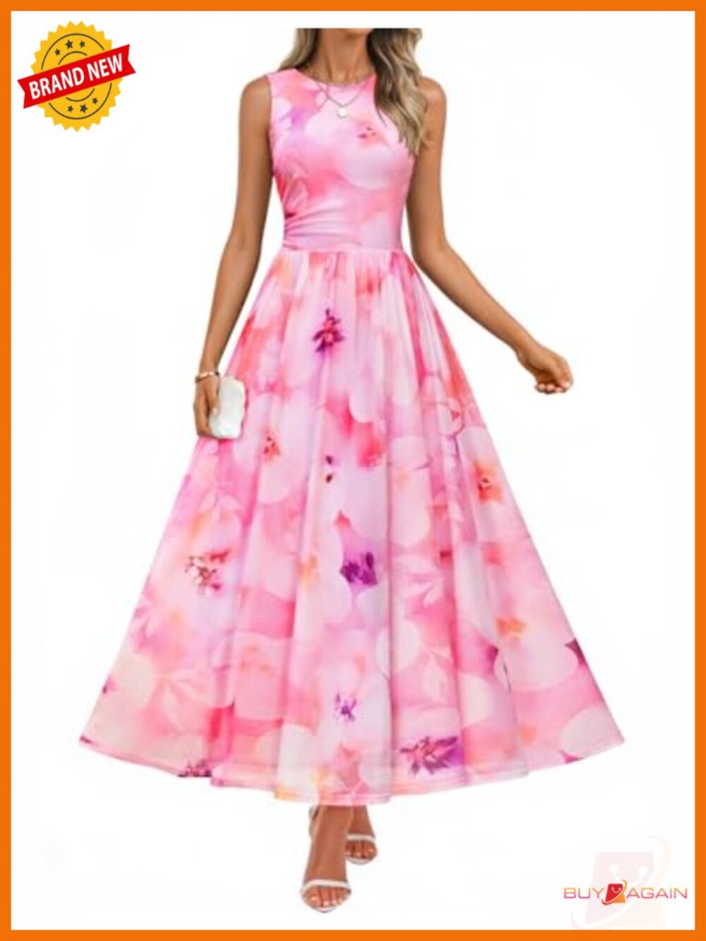 Women's Summer Sleeveless Floral Maxi Dress Crew Neck A-Line Tulle Mesh